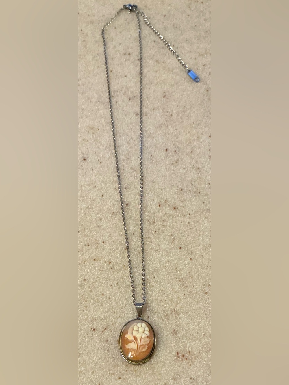 Silver-Tone Cameo Floral Pendant Necklace in Tan and White Stainless Steel